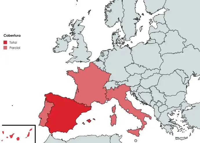 Map of Europe showing full coverage in Spain and partial coverage in France, Italy, Andorra and Portugal.